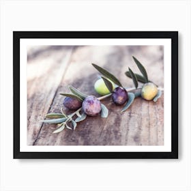 Green and black olive fruits branch on rustic wooden table mediterranean culture Art Print