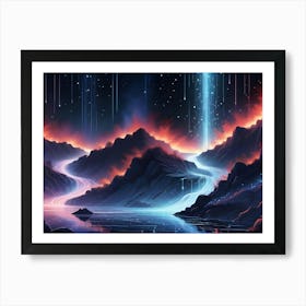 Surreal Landscape Illustration Of A Lake Surrounded By Rocky Mountains With A Bright Blue Waterfall Falling Down From The Sky, Surrounded By Swirling Lines Art Print