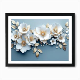 3d Artwork Illustration White Background With Golden Jewelry And Flower Painting Art Print