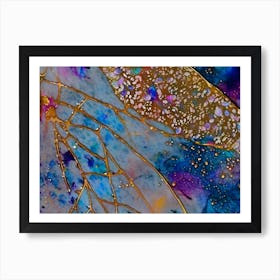 Blue and Gold Leaf Butterfly Wings Abstract Painting Art Print