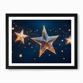 Abstract Image Of A Golden Star With A Textured, Sparkling Surface Floating Against A Dark Blue Background Art Print