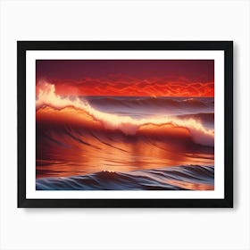 A Dramatic Ocean Scene At Sunset With Waves Illuminated By Fiery Red And Orange Light, Crashing Towards Glowing Mountains Art Print