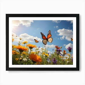 Vibrant Meadow With Colorful Wildflowers And Monarch Butterflies Fluttering Under A Sunny Sky With Fluffy White Clouds Art Print