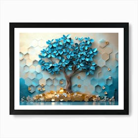 Serene 3d Tree, Turquoise And Blue Leaves, Soft Brown Shades, Colorful Hexagons 1 Art Print