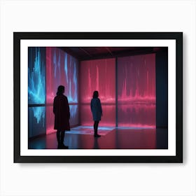 Two Women In Business Attire Are Silhouetted In A Dark Room With Large Screens Displaying Glowing Abstract Data In Shades Of Blue And Pink Art Print