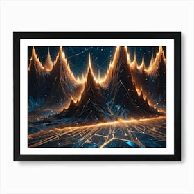 Abstract, Futuristic Mountain Landscape With A Network Design And A Golden Glow Art Print