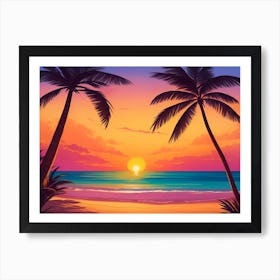 A Tranquil Beach At Sunset Horizontal Illustration 56 Art Print