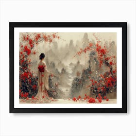 Geisha Grace: Elegance in Burgundy and Grey. Chinese Woman In Red Dress Art Print