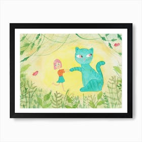 The Girl and The Cat in the Forest, Nursery Wall Art, Woodland theme, Adventure theme, Nature wall art, Children's wall art, Printable 1 Art Print