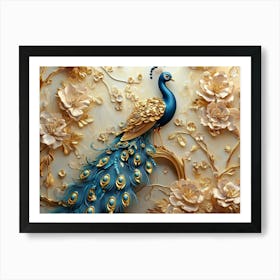 3d Artwork of Peacock with Golden Jewelry and Flowers Art Print