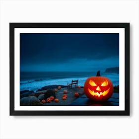 Coastline Celebration Captured At Dusk A Single Jack O Lantern With A Carved Face Glowing Eerily On 2 1 Art Print