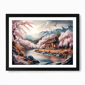 Mountain River and Cherry Blossom Art Painting #1 Art Print