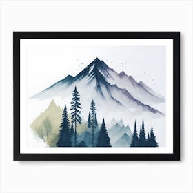 Mountain And Forest In Minimalist Watercolor Horizontal Composition 456 Art Print