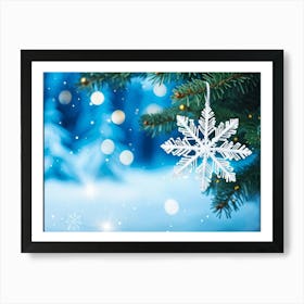 Closeup Of A Single Shiny Snowflake Resting On A Fir Tree Branch White And Blue Hues Dominating The (1) Art Print