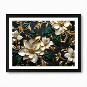 Luxury Floral Elegant Leather Texture Background in Golden, Green, White Art Print