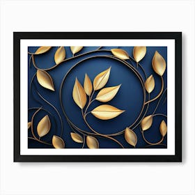 Golden Leaves On Blue Background Art Print