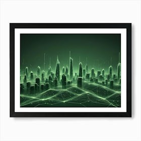 Abstract Digital Artwork Of A Futuristic Cityscape With Glowing Green Lines Representing A Network Or Grid 3 Art Print