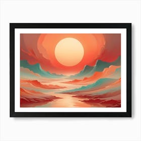 A Stylized, Digital Illustration Of A Landscape With A Large, Orange Sun In The Sky, A River Winding Through Red And Turquoise Hills, And A Surreal, Dreamlike Atmosphere Art Print