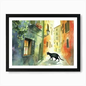 Black Cat In Milano, Italy, Street Art Watercolour Painting 2 Art Print