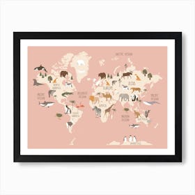 Modern World Map With Animals In Pink Art Print