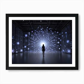 A Woman Stands In A Large, Dark Room, Silhouetted Against A Glowing Display Of Intricate, Swirling Patterns Art Print