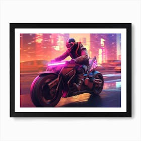 Cyberpunk biker riding a sleek, futuristic motorbike Art Print