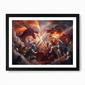 Battle Between Knights And Dragons Art Print