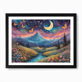 Mystical Moonlit Symphony Vibrant Stars, Enchanting Mountain Art Print