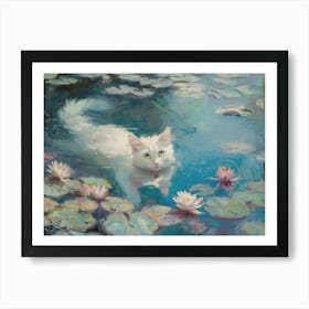 White Cat In A Pond Art Print