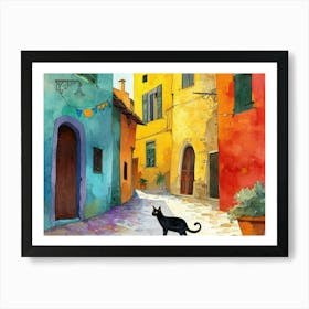 Black Cat In Sassari, Italy, Street Art Watercolour Painting 4 Art Print