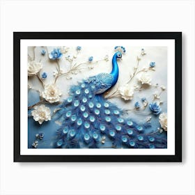 3d Artwork Background Blue Peacock on Branch 3 Art Print