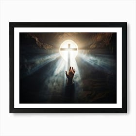 An Ultra Realistic Depiction Of A Hand Raised In A Gesture Of Prayer Emerging From Darkness Into A (2) Art Print