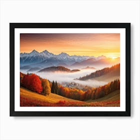 Autumn Landscape Panoramic View Of The Tatra Mountains Leaves In Vivid Shades Of Red Orange And (1) Art Print