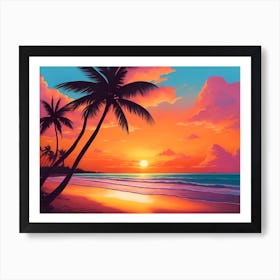 A Tranquil Beach At Sunset Horizontal Illustration 64 Art Print