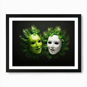 Tragedy And Comedy Masks Floating Ethereally Crafted From Meticulously Detailed Pine Leaves One M (1) Art Print