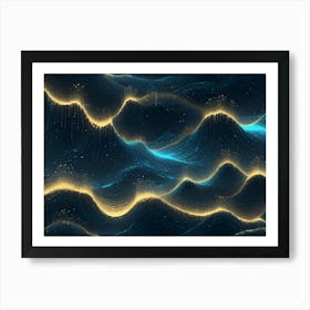 Abstract Digital Waves Of Blue And Gold, Flowing And Undulating, Creating A Sense Of Movement And Energy Art Print