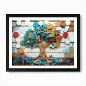 Vibrant With a Whimsical Tree, White Lattice Tiles and Colorful Hexagons on Oak Wood 1 Póster