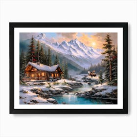 Cabin In The Mountains - Ai Art Print