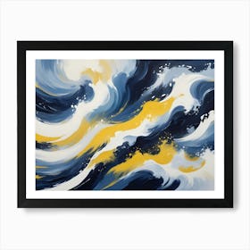 A Colorful Explosion Of Blue And Orange Paint Shaped Like Leaves, Splattering Against A Black Background Art Print