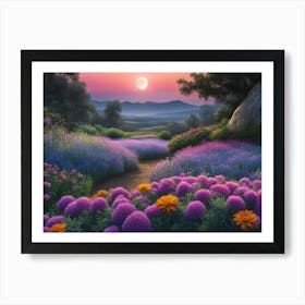 Purple Flower Field At Sunset Art Print