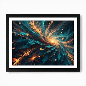 Swirling Abstract Design With Orange And Teal Floral Shapes, Emanating From A Central Point, With Shimmering Particles Art Print