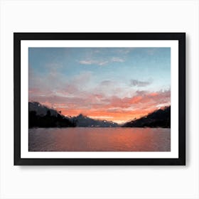 Sunset The River Mountains And Hills Oil Painting Landscape Art Print