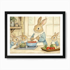 Rabbits Cooking in Cozy Kitchen Art Print