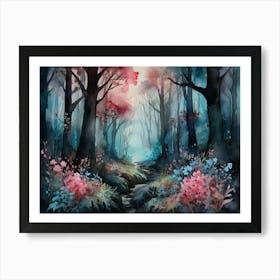 Watercolor Art Dark Forest path With Pink Flowers Art Print