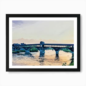 Ponte Coperto at Sunset. This illustration captures the iconic Ponte Coperto, or Covered Bridge, in Pavia, Italy, set against a serene sunset. The bridge’s silhouette reflects gracefully over the Ticino River, with soft pastel hues in the sky and water, creating a peaceful and nostalgic atmosphere. The image showcases Pavia’s historical charm and the timeless beauty of Italian architecture. Art Print