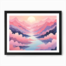 A Vibrant And Colorful Landscape Of Mountains And A River, With A Large Sun And Pink Clouds, Creating A Whimsical And Dreamy Atmosphere Art Print