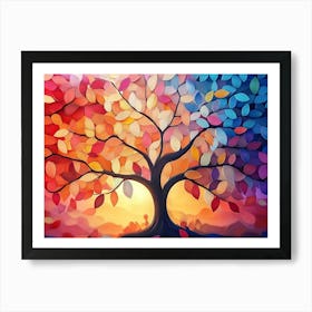 Colorful Tree With Vibrant Leaves Hanging Branches Illustration Background Poster