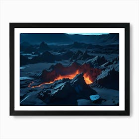 A Surreal Landscape Featuring A Fiery Lava Flow Emanating From A Cave In A Dark, Rocky Terrain Art Print