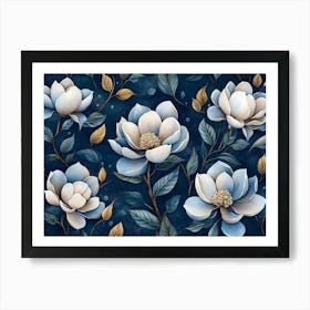 Luxurious Dark Blue Watercolor Artwork Features Exotic Magnolia Flowers in A Seamless, Baroque inspired 3d Floral Art Print