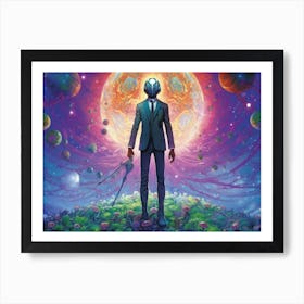 Man wearing a suit stands on a vibrant alien planet Art Print